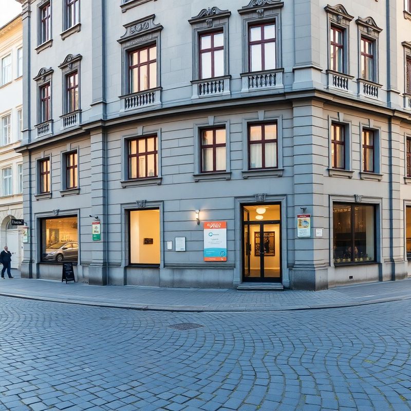 Fasáda historické kanceláře na dlážděném zlínském náměstí v ranním světle