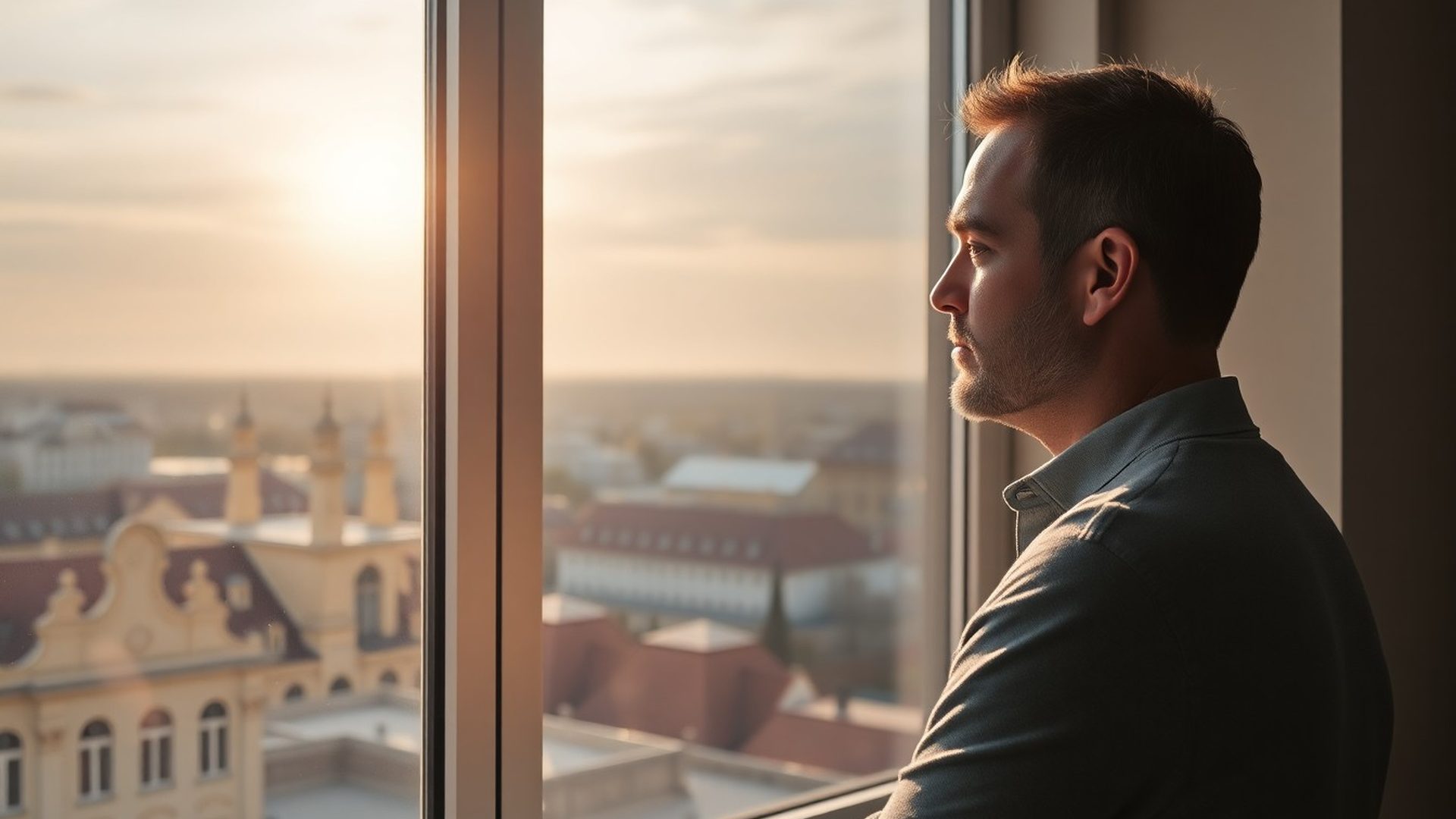 Muž ve středním věku hledící z klidné zlínské kanceláře přes město